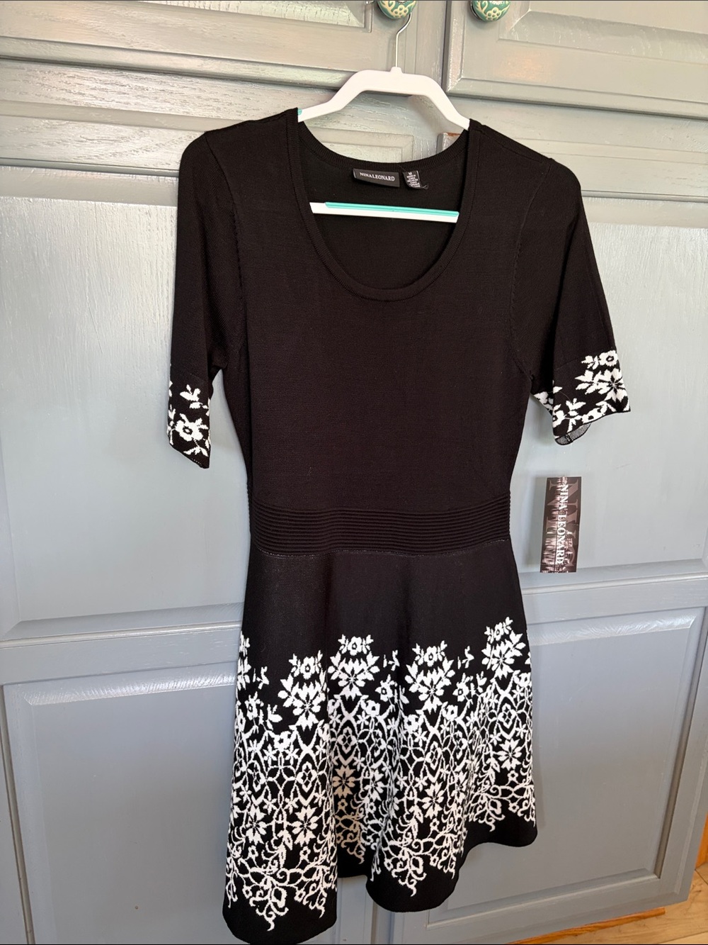 Nina Leonard Black & White Floral Knit Midi Dress